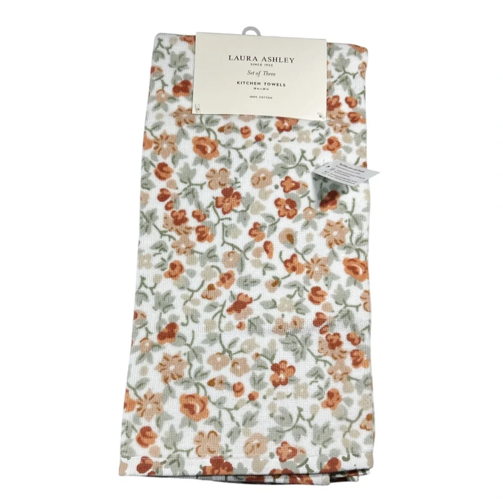 NEW Laura Ashley FLORAL EMOGENE Terracota Kitchen Towel Set/3
